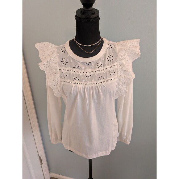 J. Crew Tops - J. Crew Top Womens S Long Sleeve Eyelet Ruffle Cotton Pullover Blue Peasant New